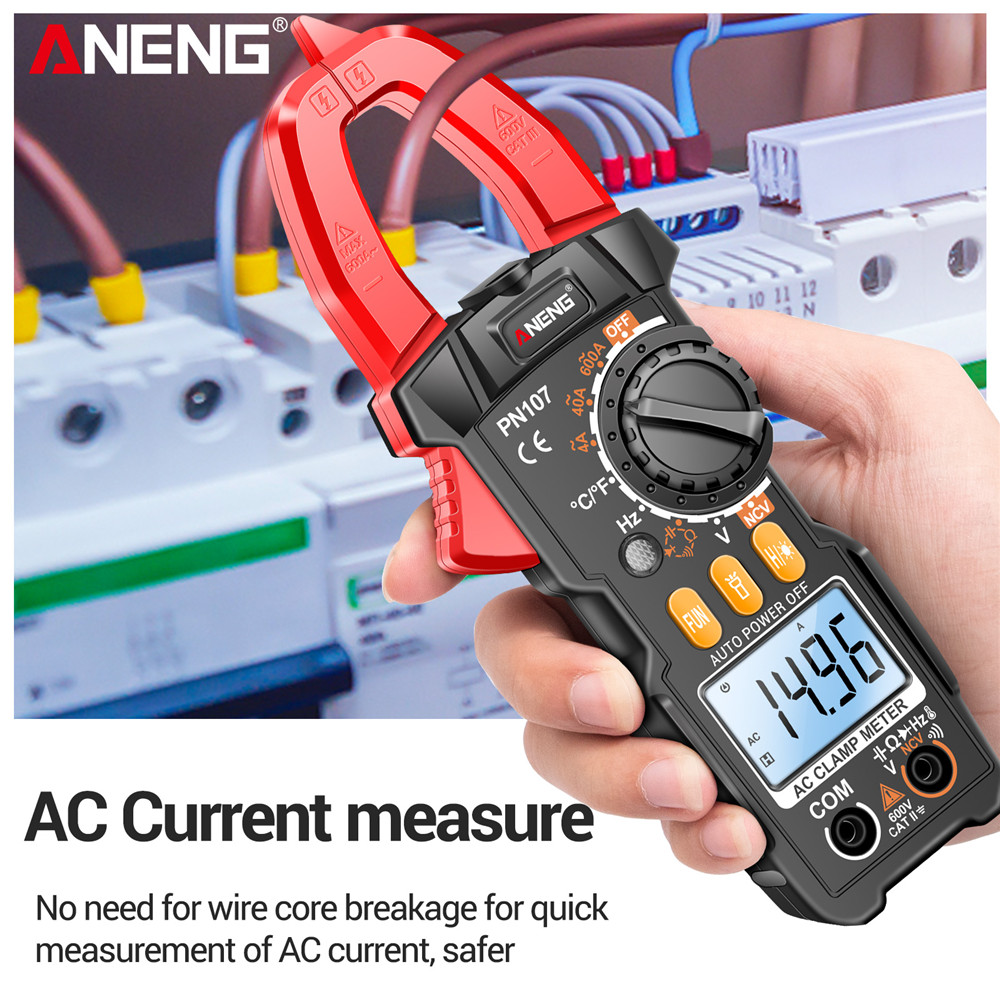 One Piece ANENG PN107 Digital Clamp Meter, 4000 นับ True RMS AC DC แรงดันไฟฟ้า 600A อุณหภูมิปัจจุบัน NCV มัลติมิเตอร์