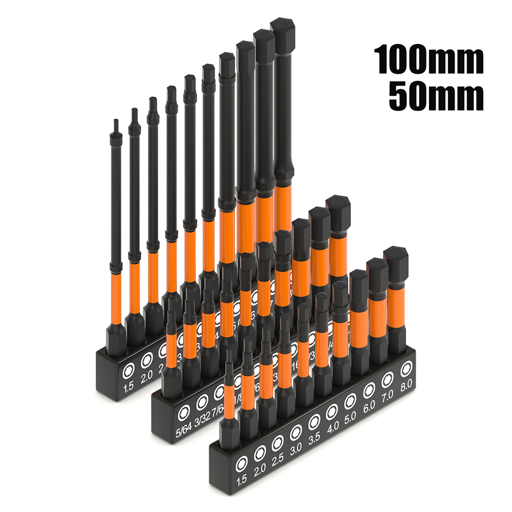One Of 10 PC Impact-Ready Hex-Shank Allen Bits, 50-100 มม.H1.5-H8, S2 ไขควงแม่เหล็กเหล็กชุด