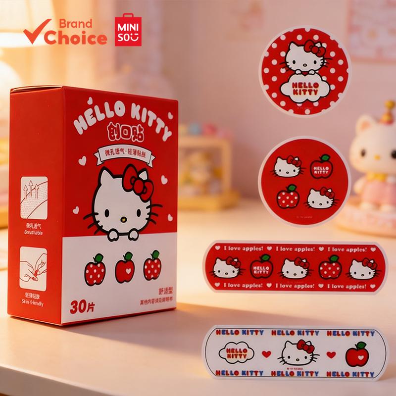 MINISO  ชุดผ้าพันแผลการ์ตูน Sanrio Hello Kitty Series - น่ารัก ระบายอากาศ สวมใส่สบาย พร้อมแผ่นปิดแผลกาวในตัว (30 ชิ้น) ขนาด 9.5 ซม. × 7.2 ซม. × 3.5 ซม.