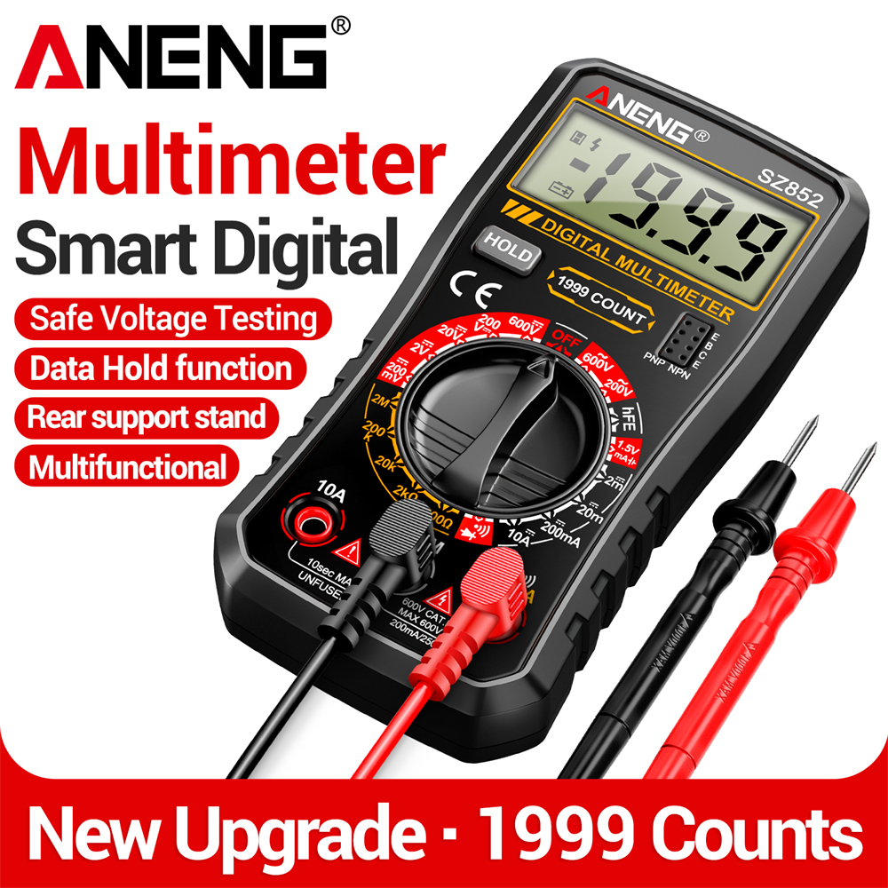 One Pc ANENG SZ852 Professional มัลติมิเตอร์แบบดิจิตอล 1999 นับ AC DC แรงดันไฟฟ้าแอมป์มิเตอร์เครื่องตรวจจับสีแดงสีเหลืองสีดํารุ่น Pro