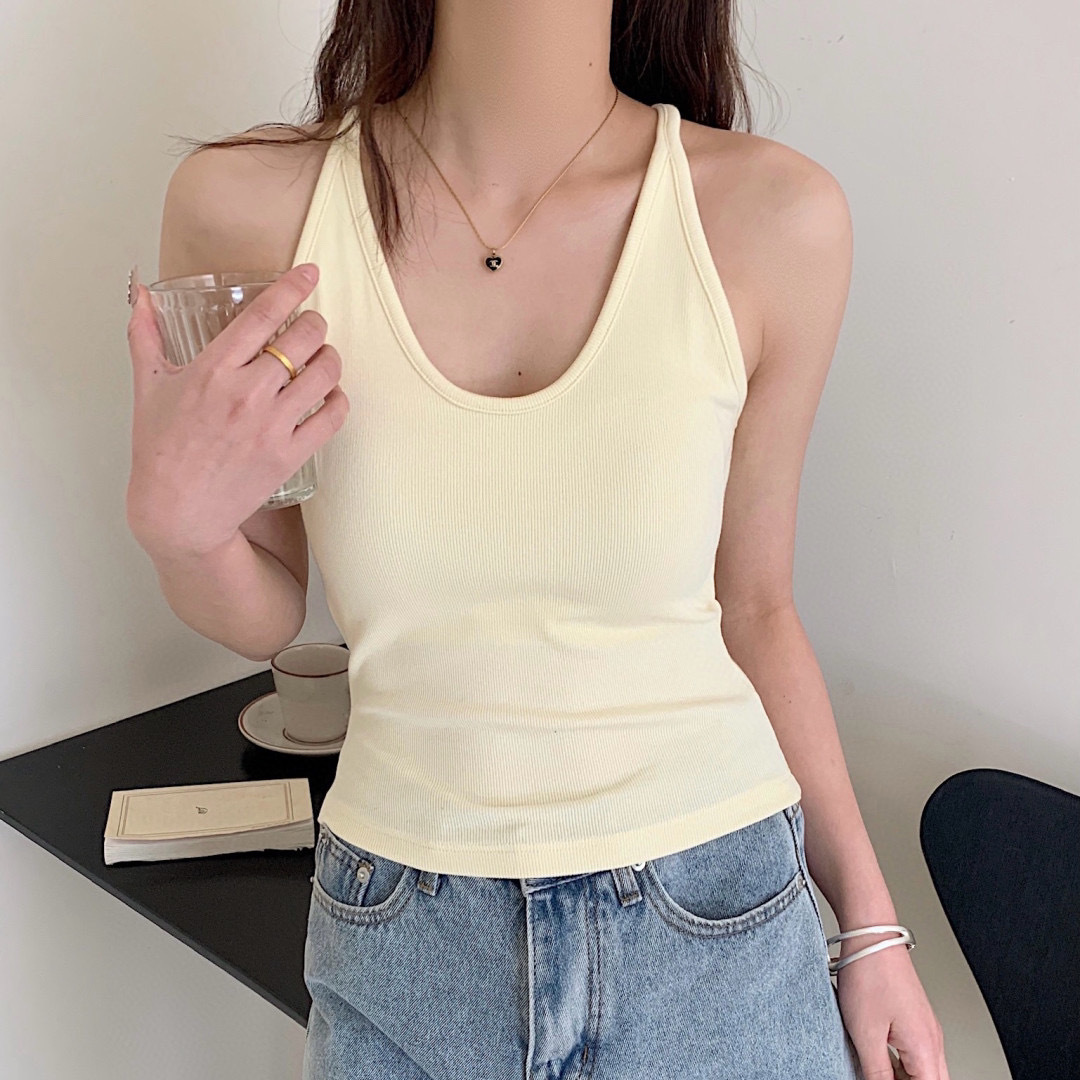 เสื้อกล้ามสีพื้นไร้ตะเข็บฤดูร้อน คอแขวน มีฟองน้ํา กระชับสําหรับผู้หญิง