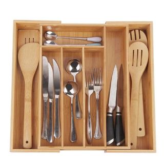 Bamboo Cutlery Organizer Rack – 5-Compartment Expandable Design – Fits Drawers – Natural  