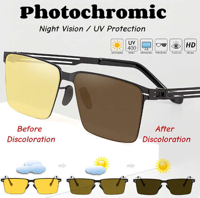 แว่นกันแดด Photochromic Night Vision สําหรับผู้ชายผู้หญิง, กรอบโลหะ, แบบใช้คู่ทั้งกลางวันและกลางคืน, ทน Uv, เฉดสีขับรถ