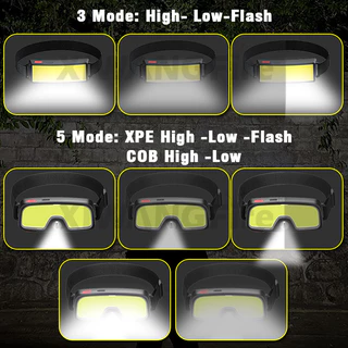 ไฟหน้า LED COB ร้อน ไฟฉายโหมดไฟ 3 แบบ ชาร์จผ่าน USB ไฟหน้าในตัว 1200mAh สําหรับเดินป่า ตั้งแคมป์กลางแจ้ง