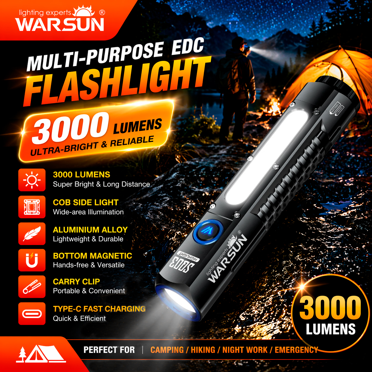 ไฟฉายพกพาแบบชาร์จไฟได้ WARSUN SQ03 พร้อมโหมดไฟ 8 แบบ สําหรับตั้งแคมป์ เดินป่า และฉุกเฉินกลางแจ้ง