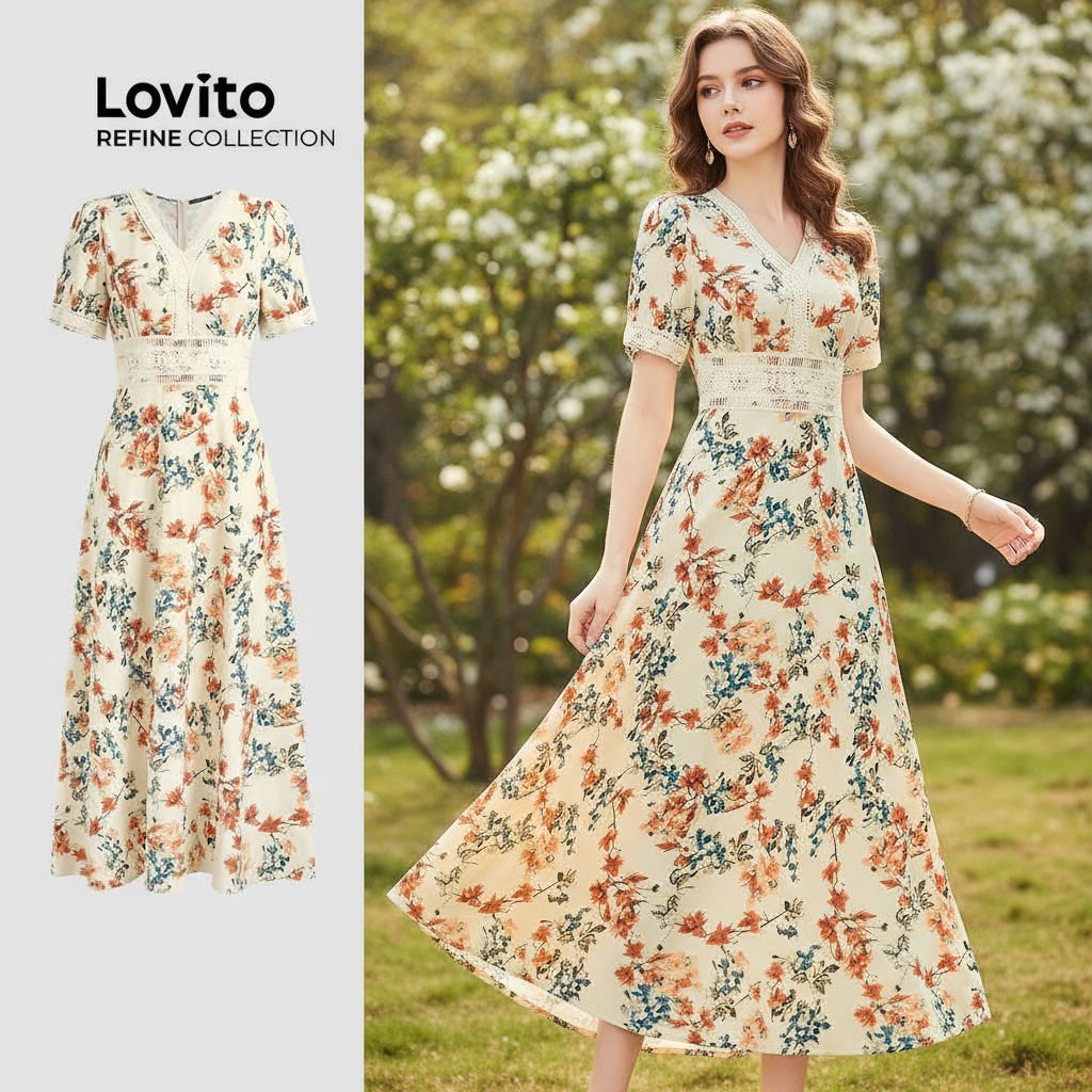 Lovito Refine เดรสโบฮีเมียนพิมพ์ลายชนเผ่าคอระบายหลากสีสําหรับผู้หญิง LR11ED015