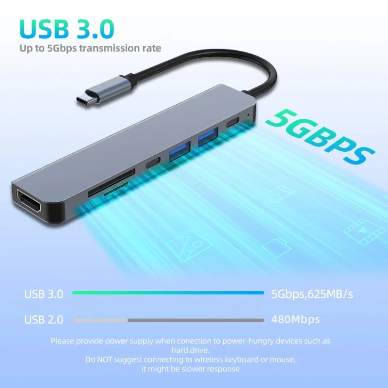 อะแดปเตอร์ USB-C Hub 7-in-1 พร้อม 4K HDMI SD TF Card Reader USB 3.0 2.0 Type-C PD ชาร์จสําหรับแล็ปท็อป MacBook Pro - รูปที่ 4