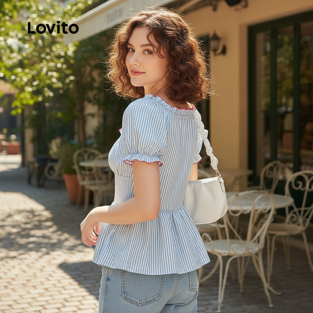 Lovito เสื้อผู้หญิงลายจีบคมชัดสม็อค ผูกพัน สไตล์น่ารักสําหรับฤดูร้อนและฤดูใบไม้ผลิ L125AD492