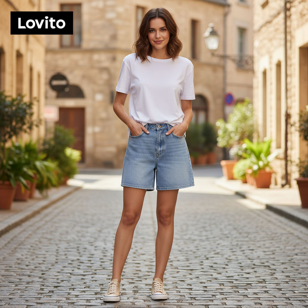 Lovito กางเกงขาสั้นยีนส์ผู้หญิง ทรงสบาย เดนิมปุ่มเรียบ L82AD168 (หลายสี)