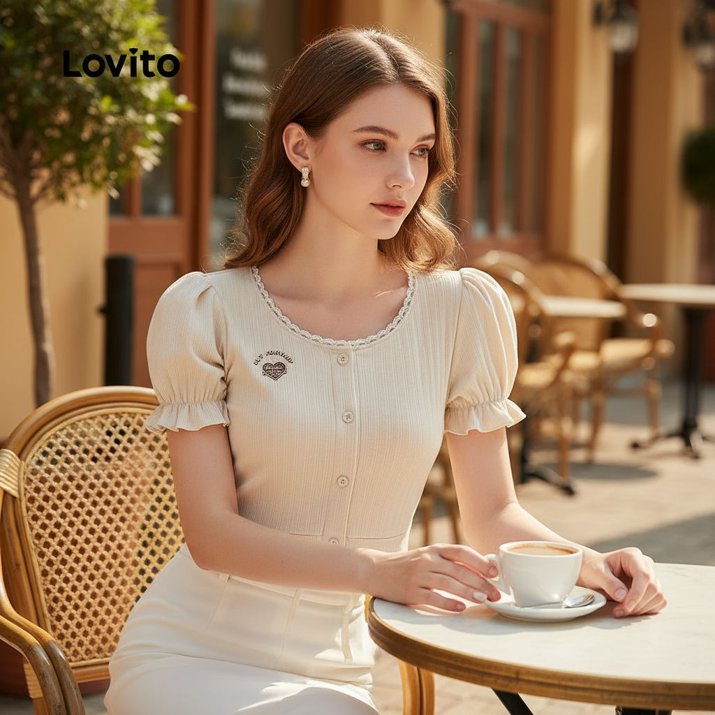 Lovito เสื้อยืดผู้หญิง คอระบาย เรียบง่าย ใส่สบาย รุ่น LNA40070