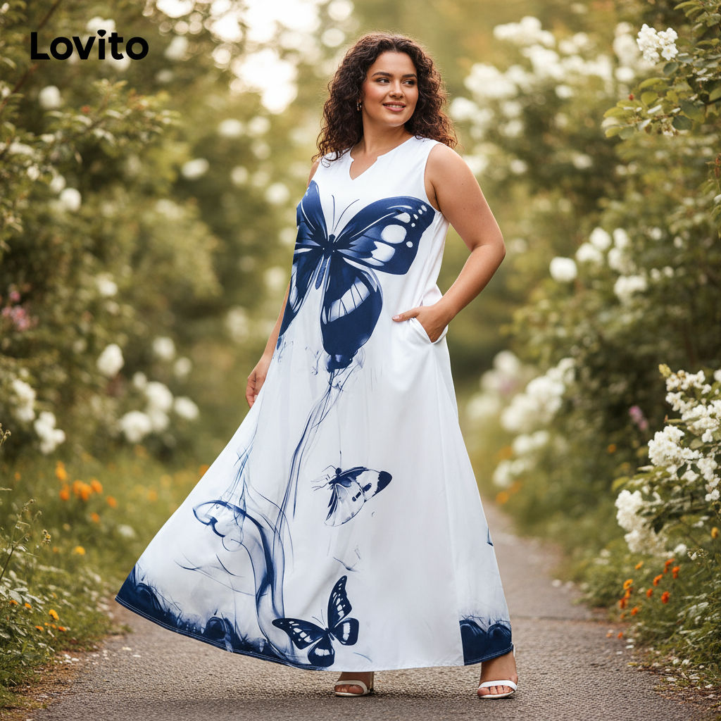 Lovito ชุดเดรสลายผีเสื้อ ทรงสาวอวบ สไตล์สบาย สําหรับผู้หญิง LNL77201