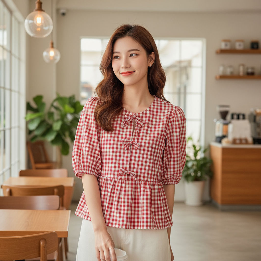 Lovito เสื้อผู้หญิงลายตาราง ผูกโบว์หน้า ดีไซน์น่ารัก เหมาะเทศกาลคริสต์มาส รหัส L101AD087