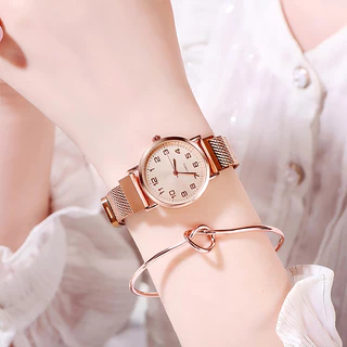 นาฬิกาควอตซ์ผู้หญิงพร้อมกล่องของขวัญ: ตัวเรือนโลหะผสม, สายแม่เหล็ก, หน้าปัดกลม, สไตล์หรูหราแบบมินิมอล
