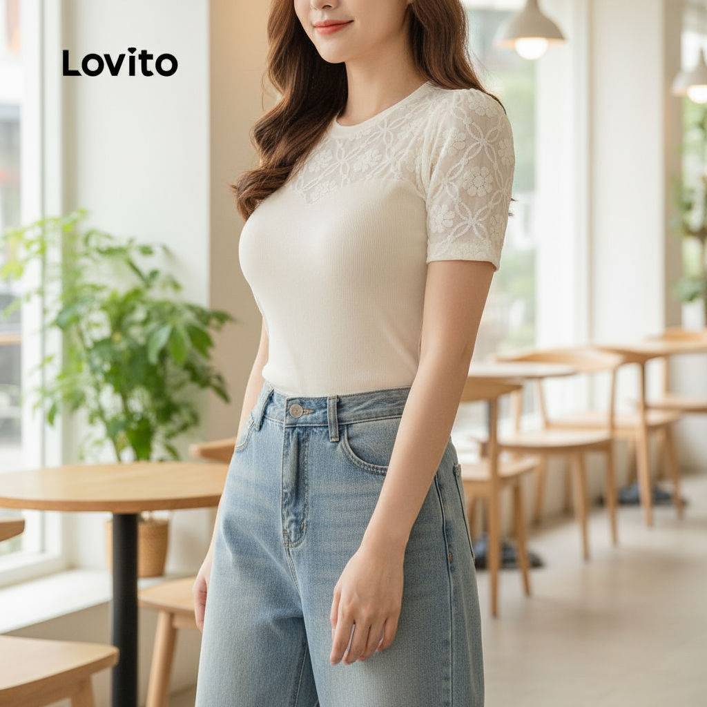 Lovito เสื้อผู้หญิงผ้าหรู ดีไซน์เย็บต่อกัน สีแอปริคอต สําหรับฤดูใบไม้ผลิ ฤดูร้อน L143EDD240