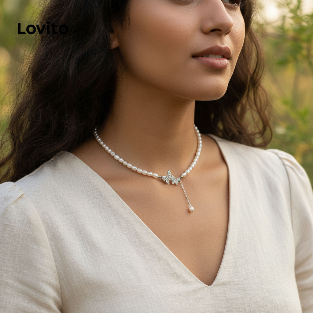 Lovito สร้อยคอมุกหญิง LNA14115 (สีขาว)