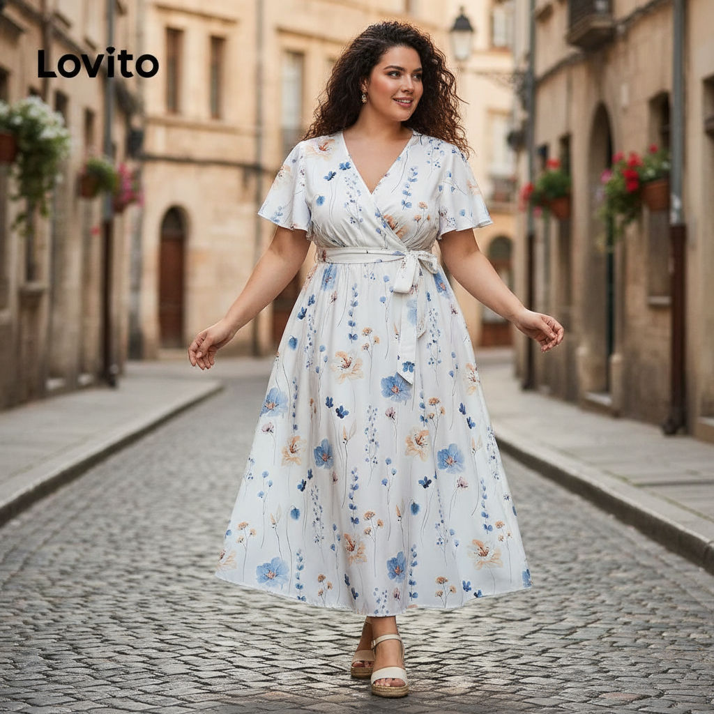 Lovito เดรสโค้งขนาดใหญ่ สไตล์โบฮีเมียน เดรสลายดอกไม้ผูกเชือกผู้หญิง LBL18750