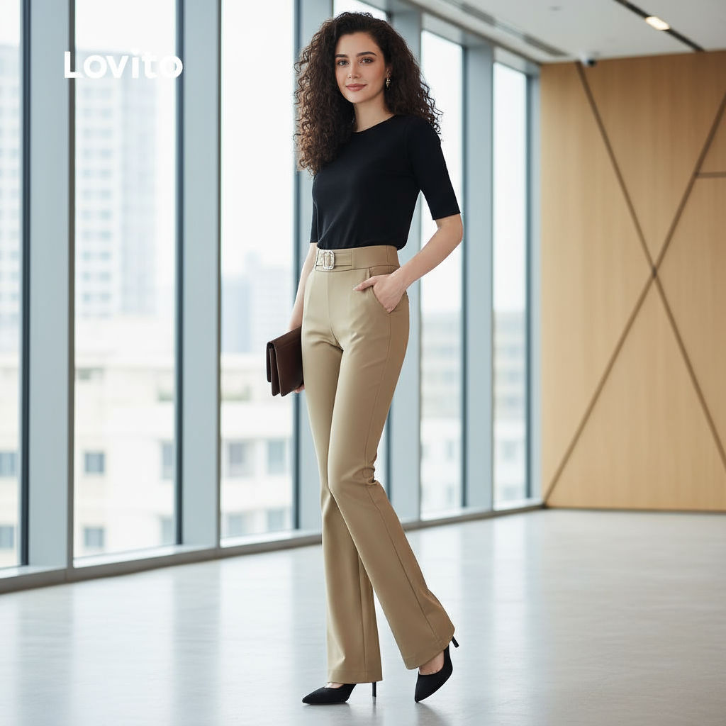 Lovito กางเกงผู้หญิง ดีไซน์หรูหรา สายเข็มขัดโลหะ กันลื่น สีกาแฟ สําหรับฤดูร้อน ฤดูใบไม้ผลิ LNE117058