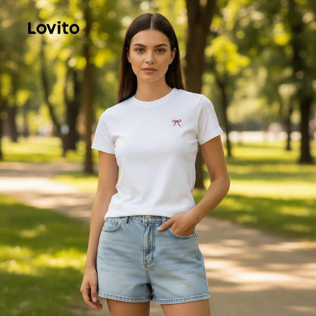 Lovito เสื้อยืดผู้หญิง กระดุมหน้า ลายเรียบ ใส่สบาย L133AD375