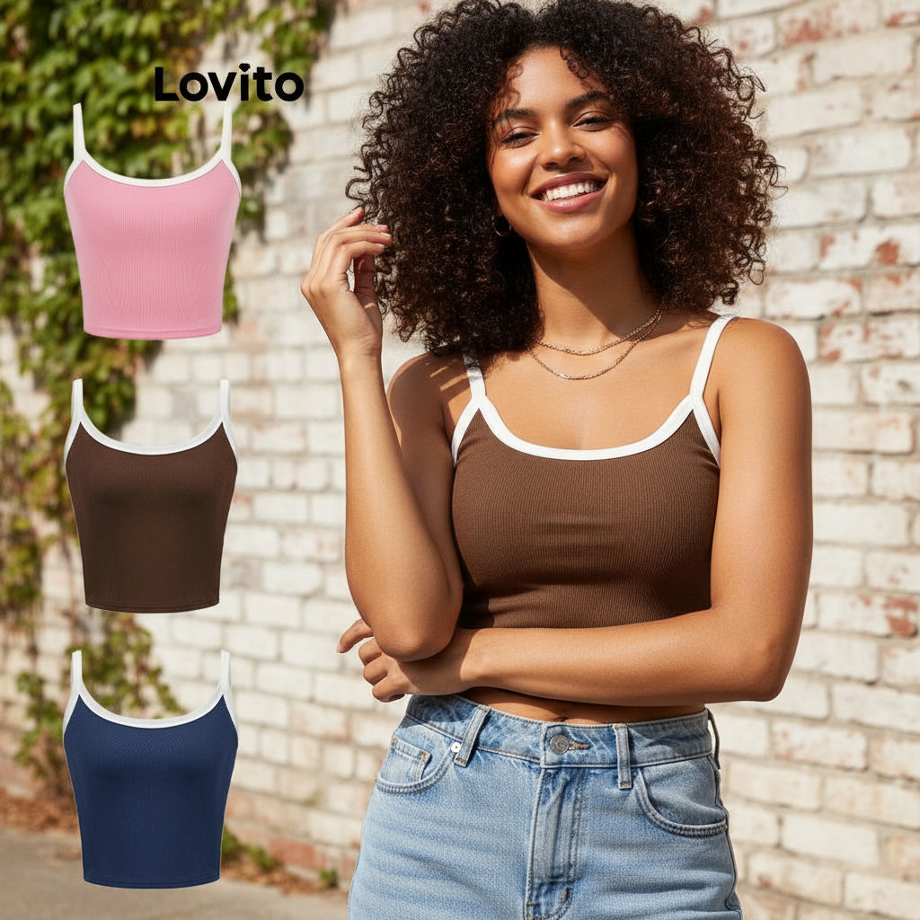 Lovito เสื้อแขนกุดผู้หญิง ทรงลําลอง สีพื้น ตัดขอบสี L70AD028 (หลากสี)