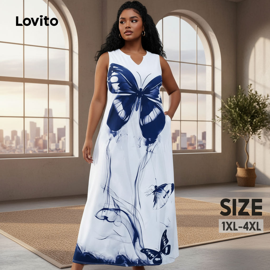 Lovito ชุดเดรสลายผีเสื้อ ทรงสาวอวบ สไตล์สบาย สําหรับผู้หญิง LNL77201