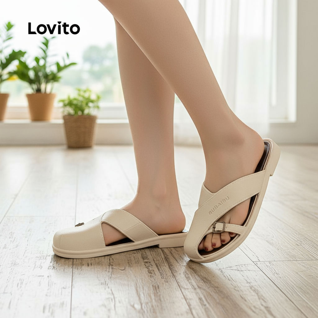 Lovito รองเท้าผู้หญิงแบบลําลอง สไตล์เกาหลี ทรงโรมัน พื้นแบน สําหรับวันหยุด LFA76303