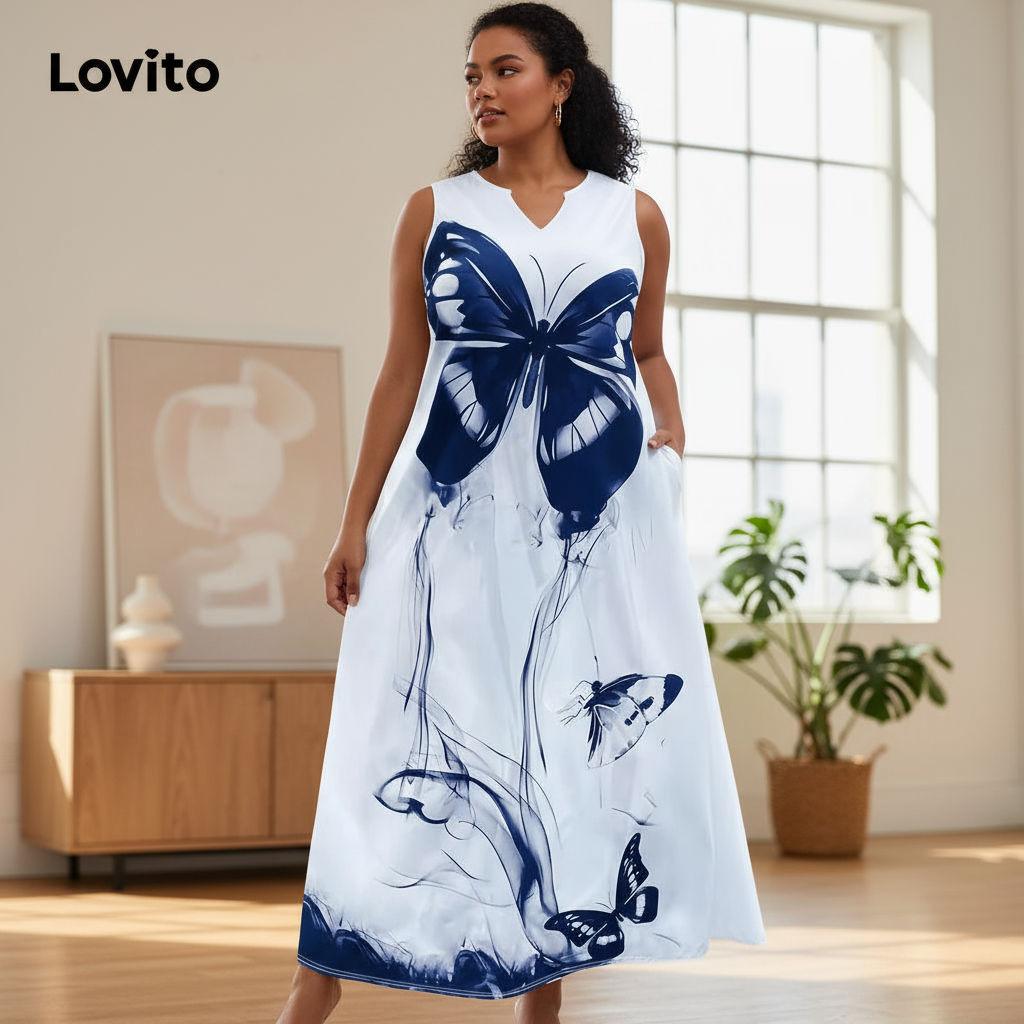 Lovito ชุดเดรสลายผีเสื้อ ทรงสาวอวบ สไตล์สบาย สําหรับผู้หญิง LNL77201
