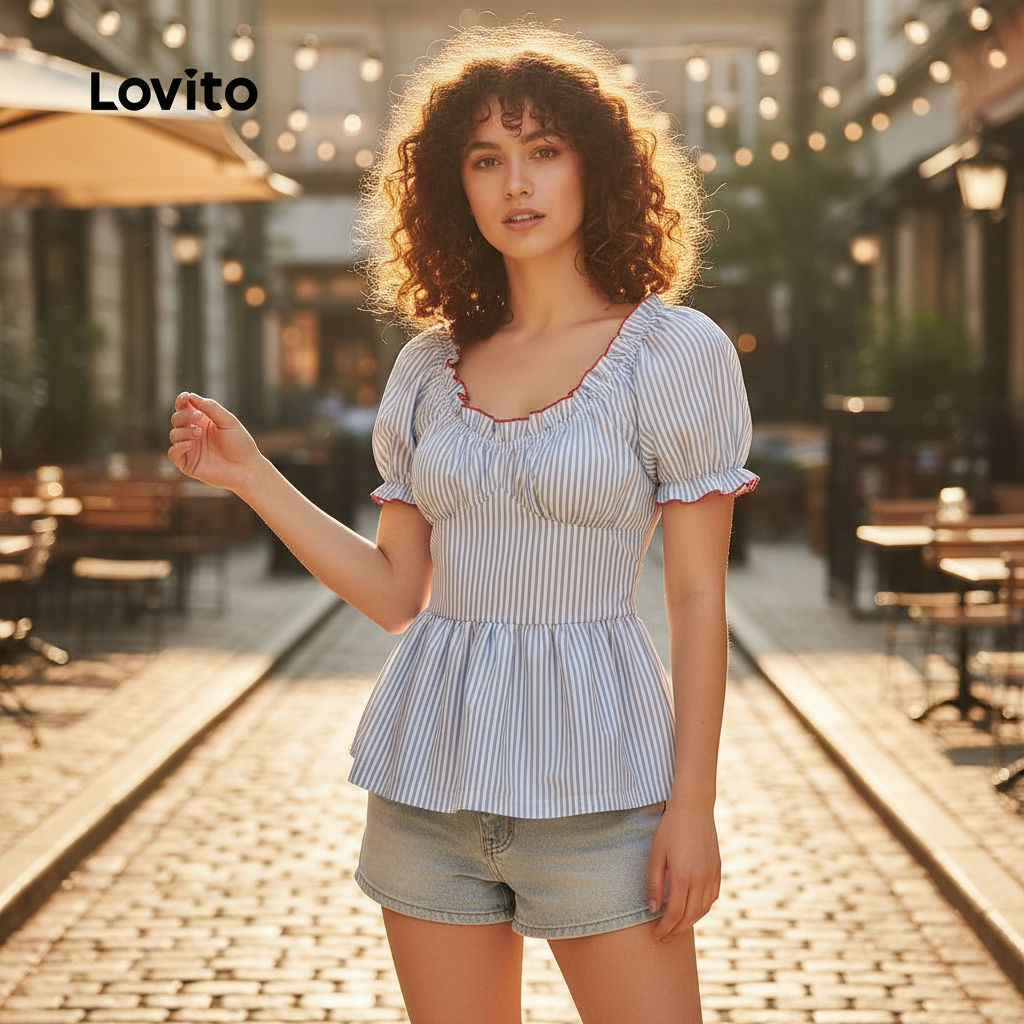 Lovito เสื้อผู้หญิงลายจีบคมชัดสม็อค ผูกพัน สไตล์น่ารักสําหรับฤดูร้อนและฤดูใบไม้ผลิ L125AD492