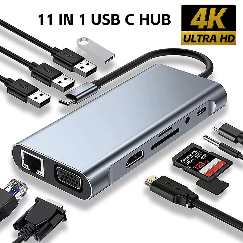 USB HUB Type C Adapter 11-in-1 4K HDMI VGA PD USB3.0 RJ45 Ethernet TF SD Card Reader 3.5mm AUX