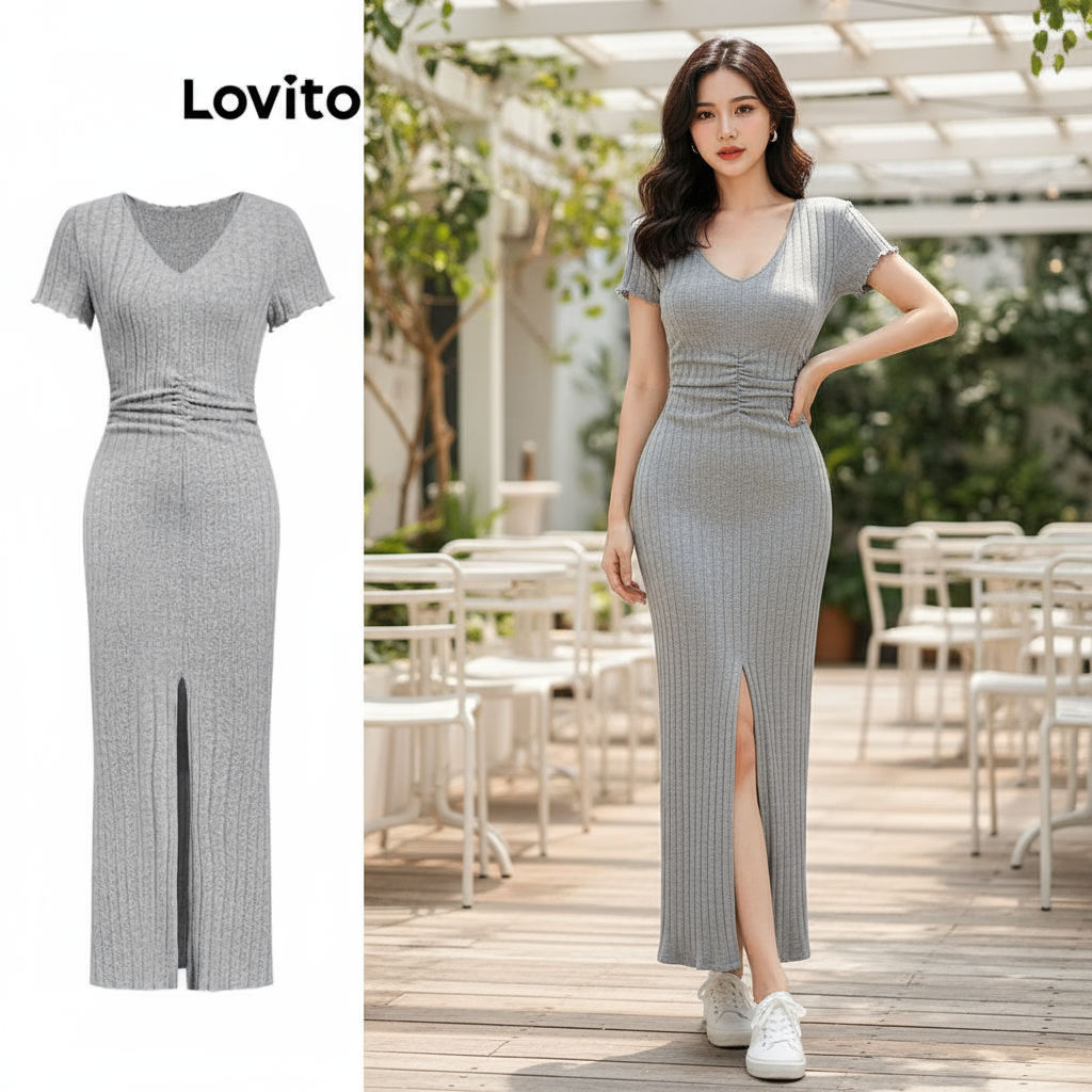 Lovito ชุดเดรสลําลองผู้หญิง ด้านหน้าแยก ทรงเรียบ L108ED610