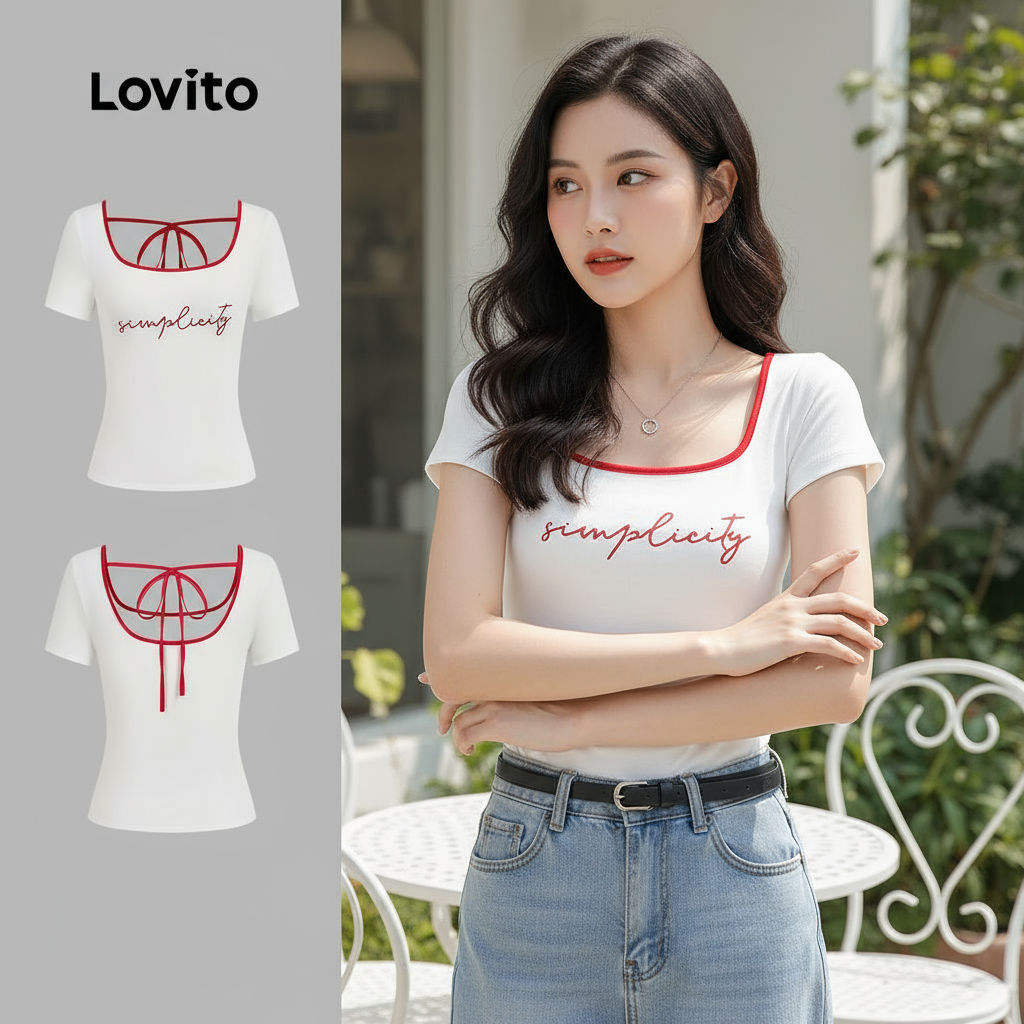 Lovito เสื้อลูกไม้ผู้หญิง สีขาว คอปก สําหรับฤดูใบไม้ผลิ/ฤดูร้อน L139AD135