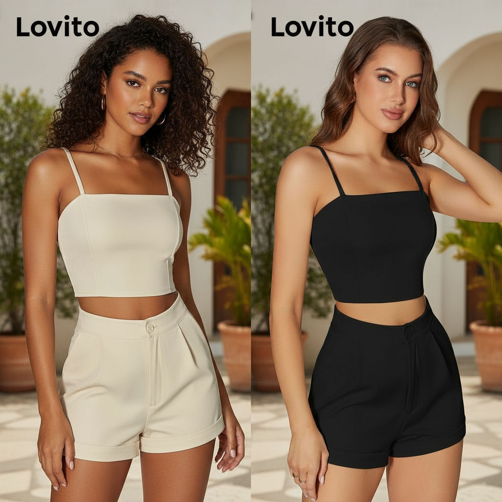 Lovito ชุดสองชิ้น กางเกงขาสั้น ซิปหน้า ลําลอง ผู้หญิง สีพื้น LBA05188 (แอปริคอท)