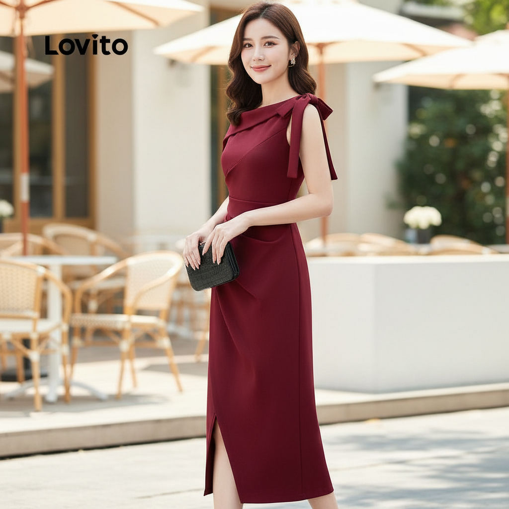 Lovito ชุดเดรสผู้หญิงผ้าพลีทหรูหรา ทรงอสมมาตร สีแครอท สําหรับฤดูร้อน L158ED1072