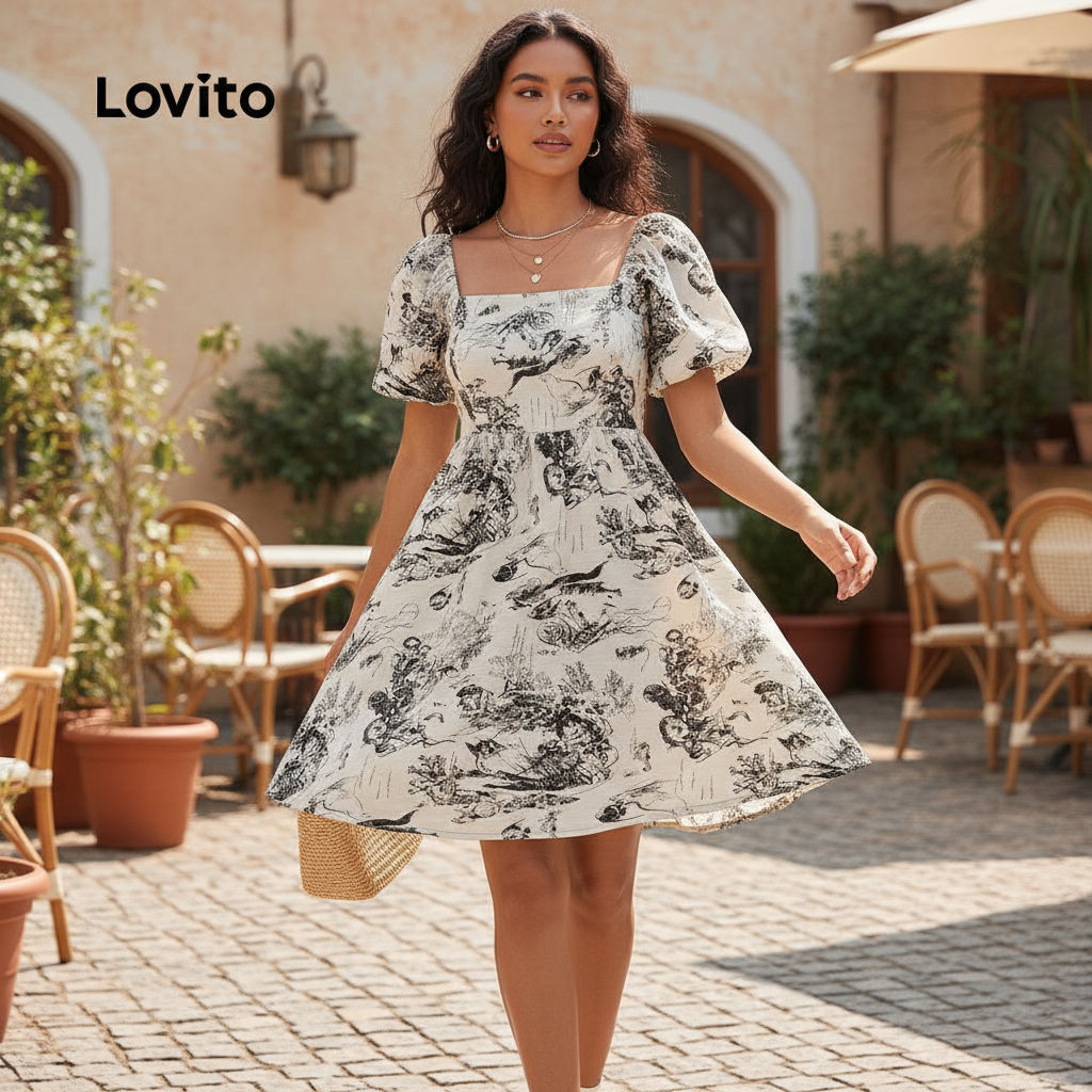 Lovito ชุดเดรสลําลองผู้หญิง สําหรับฤดูใบไม้ผลิ ฤดูร้อน สไตล์สบาย L143ED445