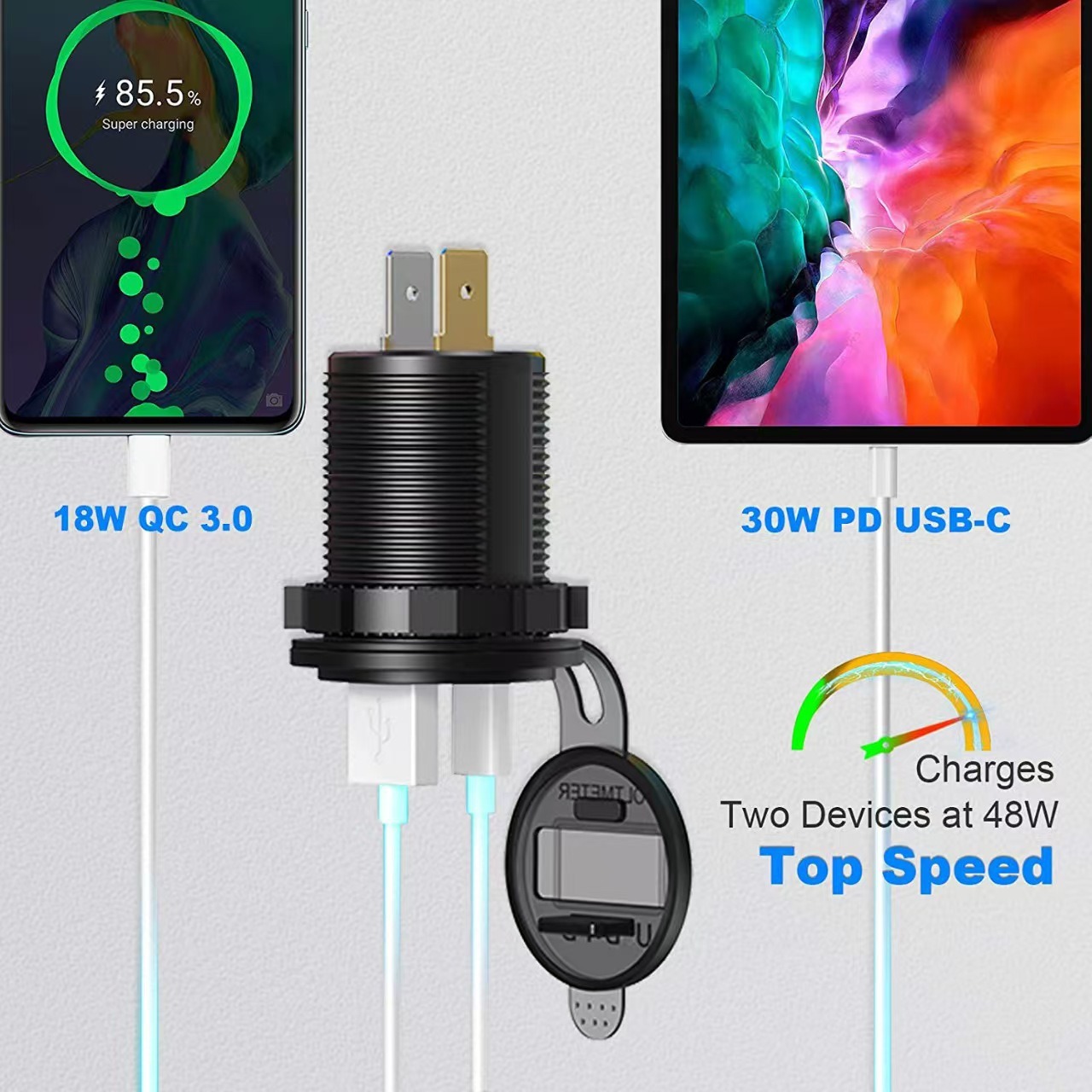 ที่ชาร์จในรถยนต์ Super Fast 66W พร้อม PD+QC 3.0 Dual USB สมาร์ทแรงดันไฟฟ้าจอแสดงผลสวิตช์เปิด/ปิดสําหรับรถยนต์รถจักรยานยนต์รถบรรทุกเรือ - รูปที่ 6