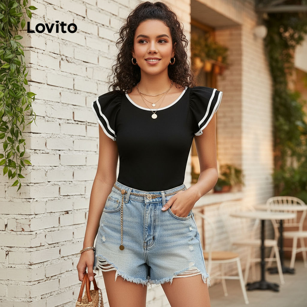 Lovito เสื้อเชิ้ตผู้หญิงสีดําดีไซน์คัลเลอร์บล็อก L150AD1021
