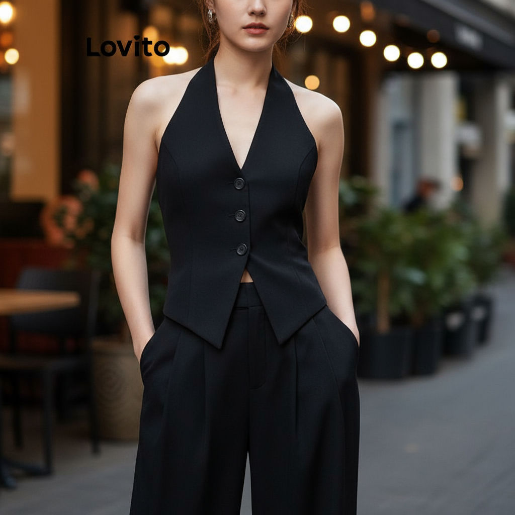 Lovito เสื้อแขนกุดลําลอง สําหรับผู้หญิง แบบเรียบ มีกระดุม LNE38007 (ขาว/ดํา)
