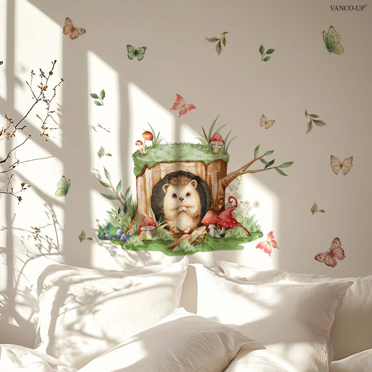 สติ๊กเกอร์ติดผนัง 2D ลายเม่น เห็ด ผีเสื้อ และรูต้นไม้ ขนาด 30*45 ซม. สําหรับตกแต่งห้องนั่งเล่นหรือทา