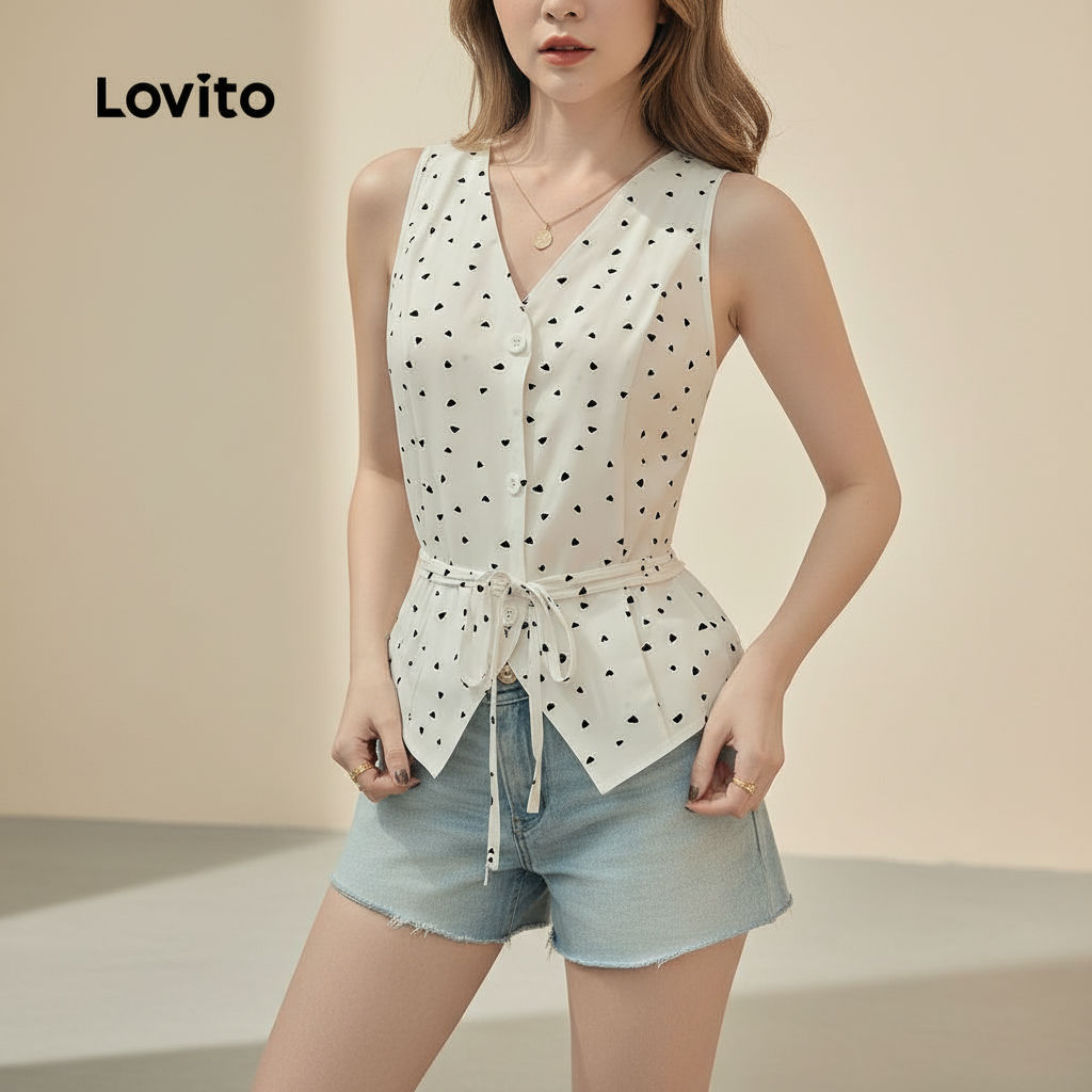 Lovito เสื้อเชิ้ตคอเปิดสําหรับผู้หญิง สไตล์เรียบหรู ฤดูใบไม้ผลิ/ฤดูร้อน สีขาวออฟไวท์ L143EDD423