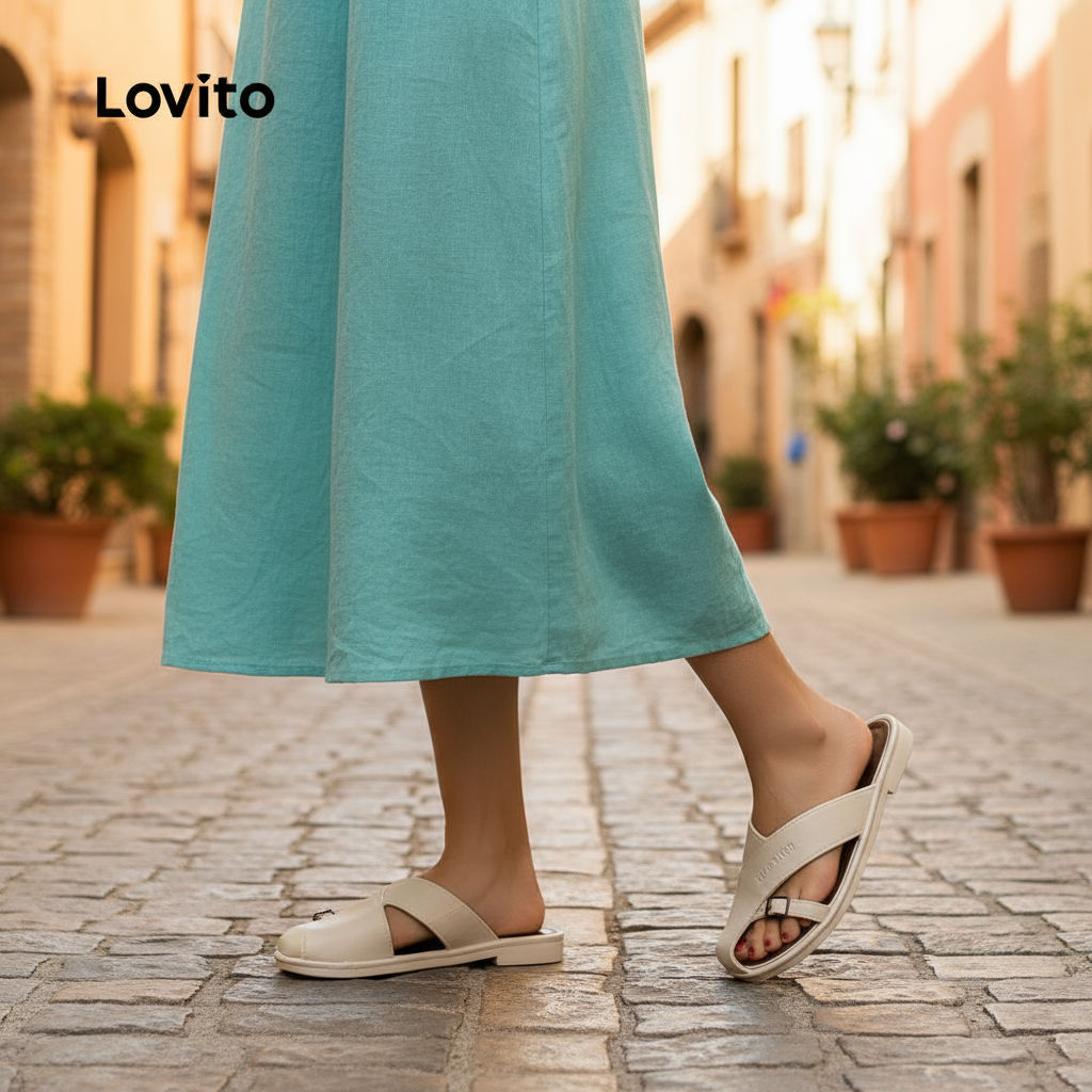 Lovito รองเท้าผู้หญิงแบบลําลอง สไตล์เกาหลี ทรงโรมัน พื้นแบน สําหรับวันหยุด LFA76303