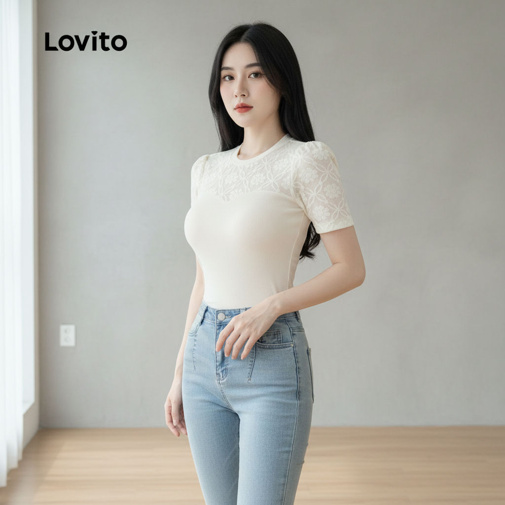 Lovito เสื้อผู้หญิงผ้าหรู ดีไซน์เย็บต่อกัน สีแอปริคอท สําหรับฤดูใบไม้ผลิฤดูร้อน L143EDD240