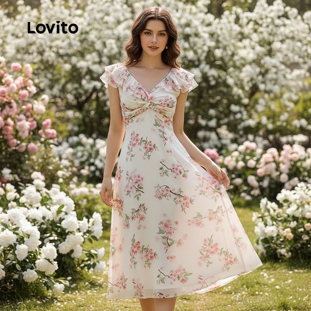 Lovito เดรสลําลองลายดอก จับจีบ นุ่มสบาย ฤดูใบไม้ผลิ ฤดูร้อน L138ED015