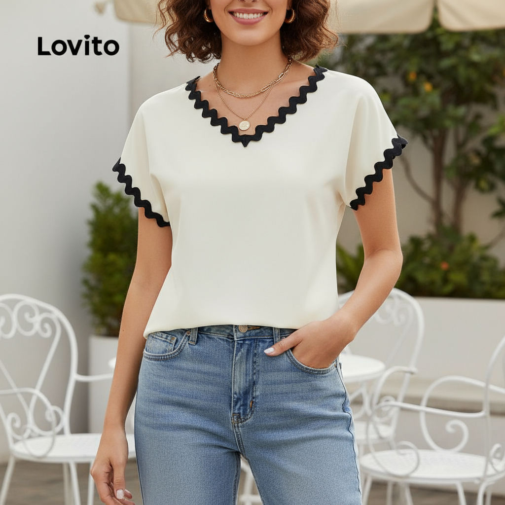 Lovito เสื้อผู้หญิงคอระบายเรียบง่าย ใส่ลําลอง รหัส LBL19435