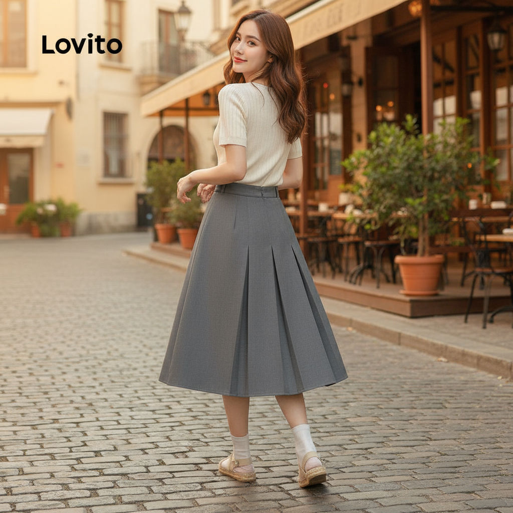 Lovito แคชชวล กระโปรงผู้หญิง ทรงจีบเรียบง่าย ใส่สบาย รหัส LNE29157 สีเทา