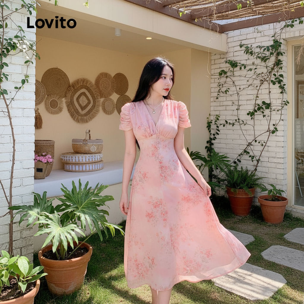 Lovito ชุดเดรสสีชมพูสําหรับผู้หญิง ดีไซน์สองชั้น ซิปหน้า ใส่สบาย เหมาะกับฤดูร้อนและฤดูใบไม้ผลิ L134LD369