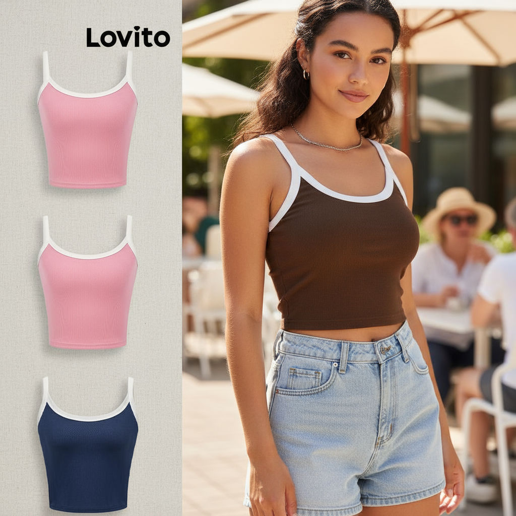 Lovito เสื้อแขนกุดผู้หญิง ทรงลําลอง สีพื้น ตัดขอบสี L70AD028 (หลากสี)