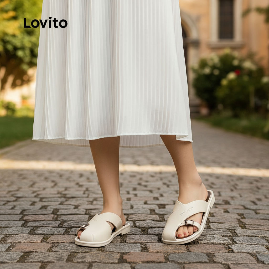 Lovito รองเท้าผู้หญิงแบบลําลอง สไตล์เกาหลี ทรงโรมัน พื้นแบน สําหรับวันหยุด LFA76303