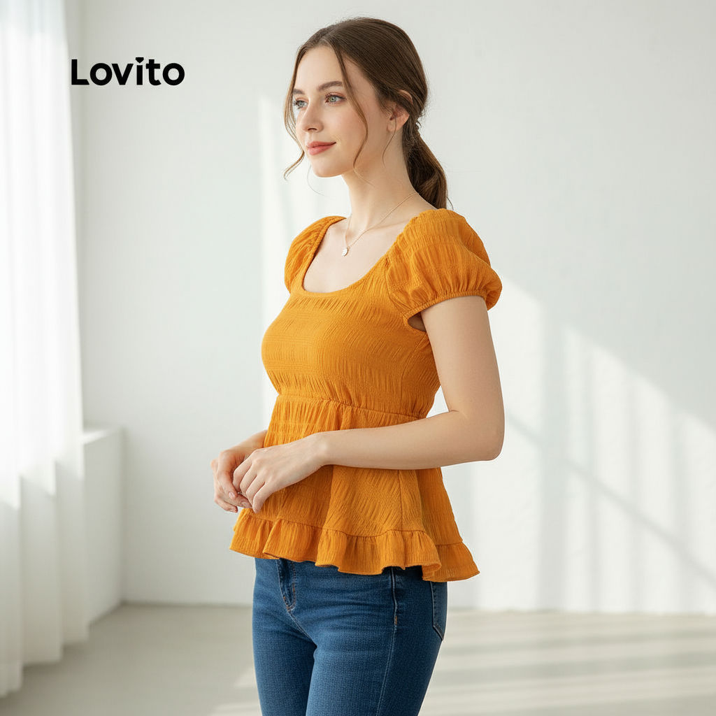 Lovito เสื้อเชิ้ตผู้หญิงสไตล์โบฮีเมียน ชายระบาย สําหรับฤดูร้อน ฤดูใบไม้ผลิ รุ่น L132ED655