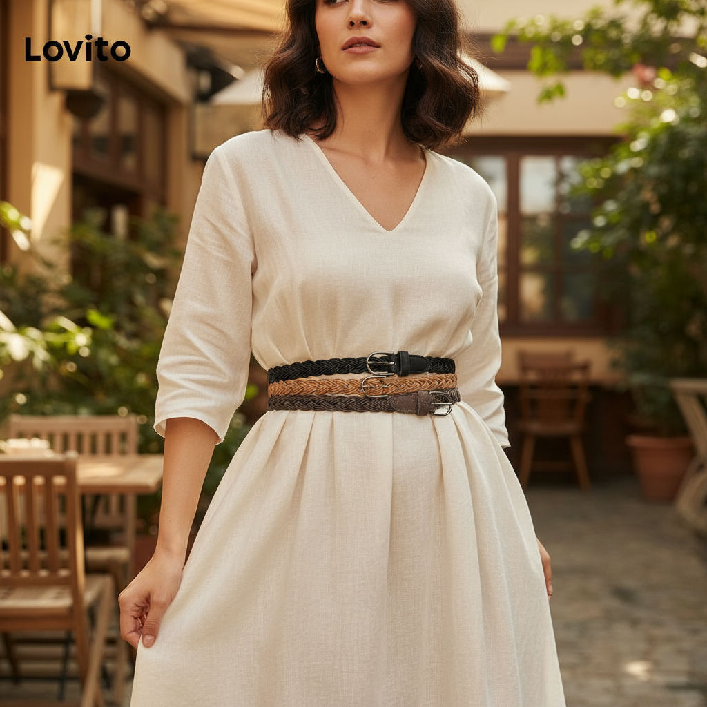 Lovito เข็มขัดผู้หญิง สายถักเปีย ดีไซน์เรียบง่าย สําหรับวันพักผ่อน LFA33213