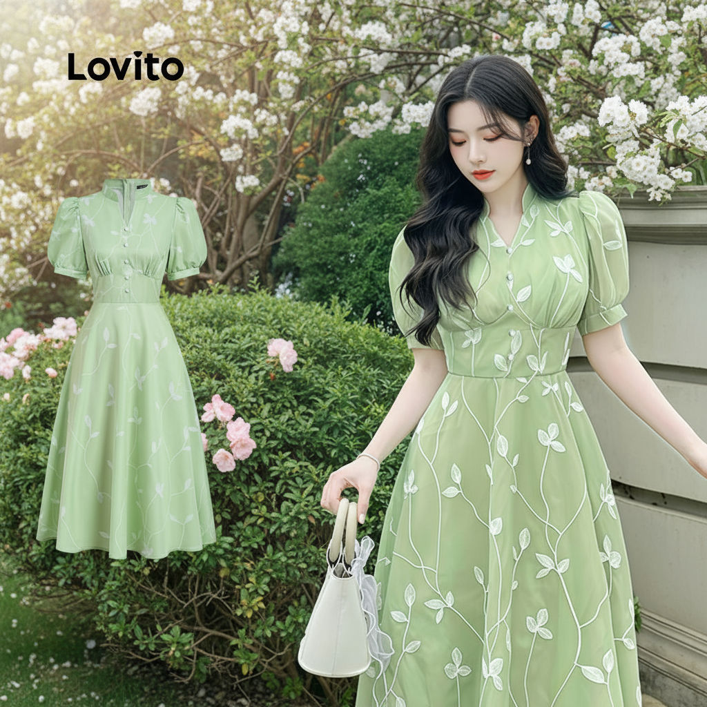 Lovito เดรสผู้หญิงสไตล์โบโฮ สีเขียว เหมาะกับฤดูใบไม้ผลิ ฤดูร้อน L157ED284