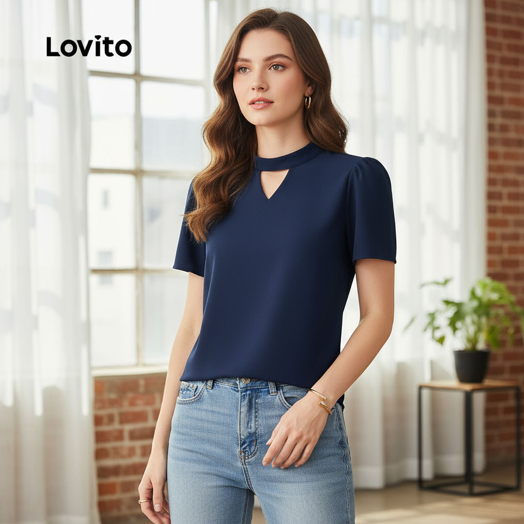 Lovito เสื้อเชิ้ตผู้หญิง เปิดไหล่ สีน้ําเงินเข้ม ฤดูใบไม้ผลิ ฤดูร้อน L154LD189